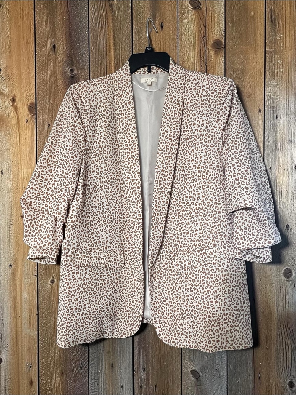 ODDY Cream & Brown Leopard Print Open-Front Blazer